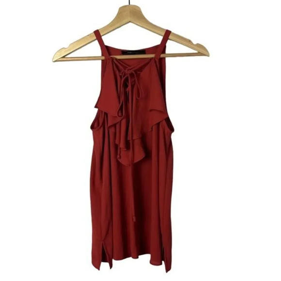 BCBGMaxAzria Rust Orange Tie Neck Ruffle Tank Top M - Picture 1 of 4
